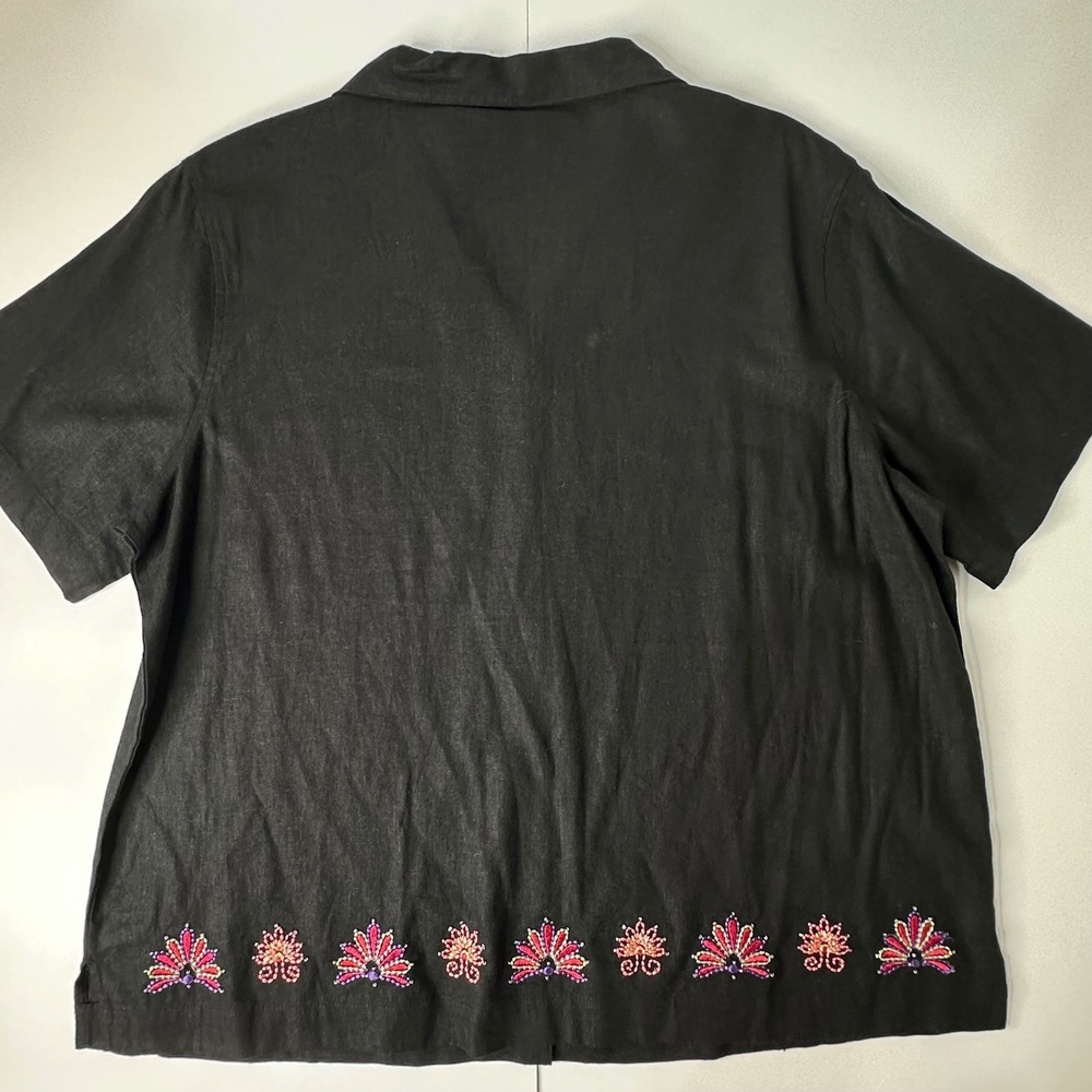 Kim Rogers Linen Blend Shirt Black Beaded Floral Embroidered Button Up Sz 1X - Picture 13 of 16
